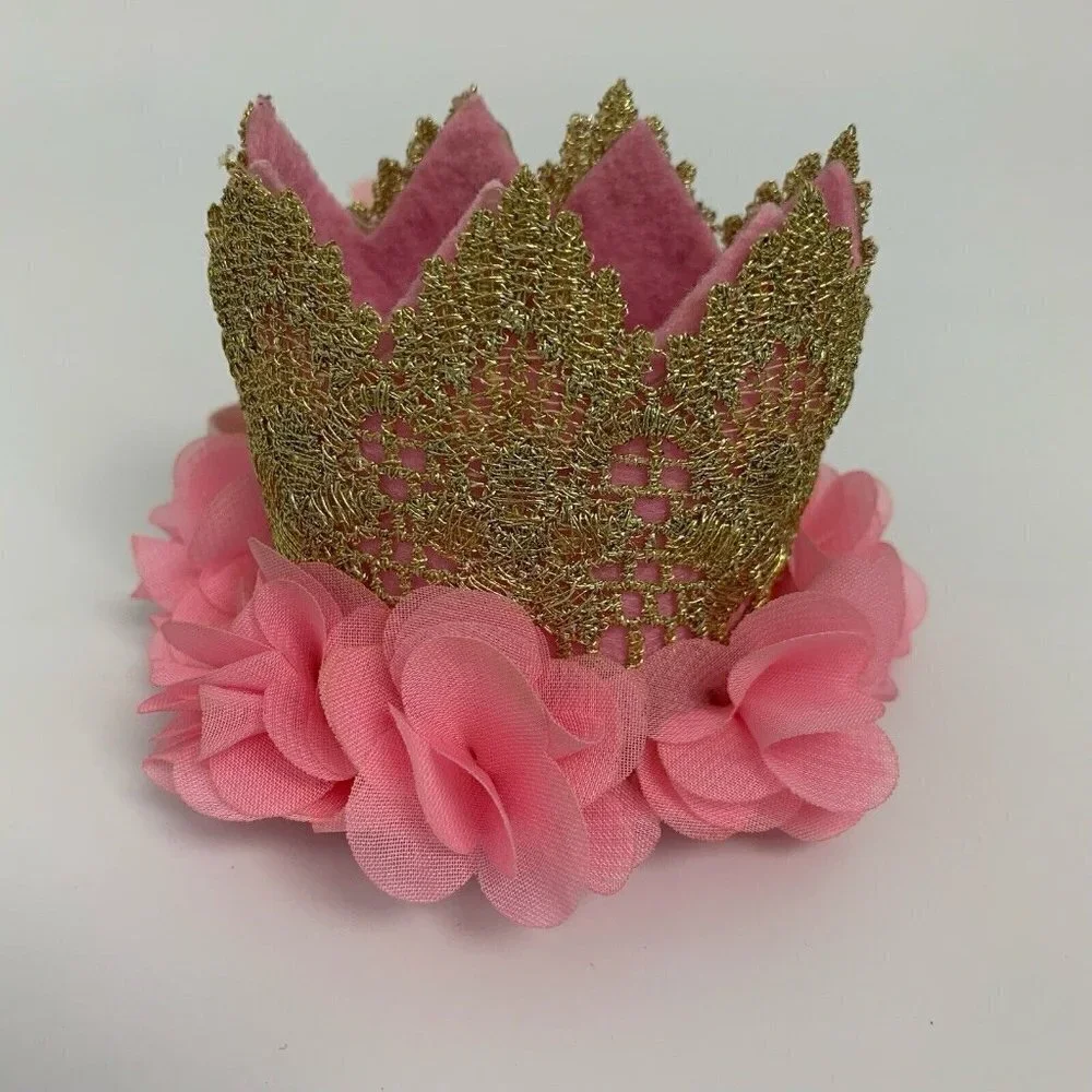 Baby First Birthday Hat Crown Gold Pink Roses w Elastic Small Photo Shoot Party